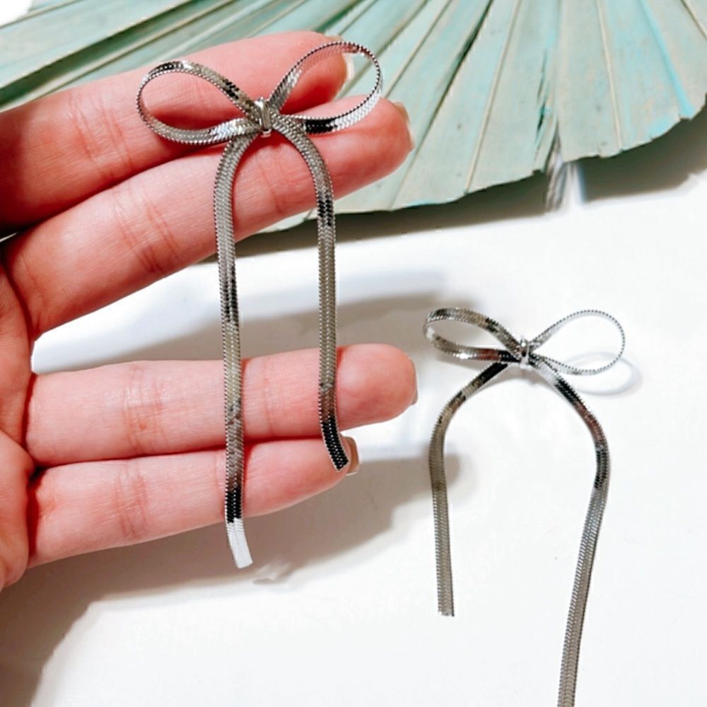 Silver bow drop earrings #69 - Picture 2 of 4
